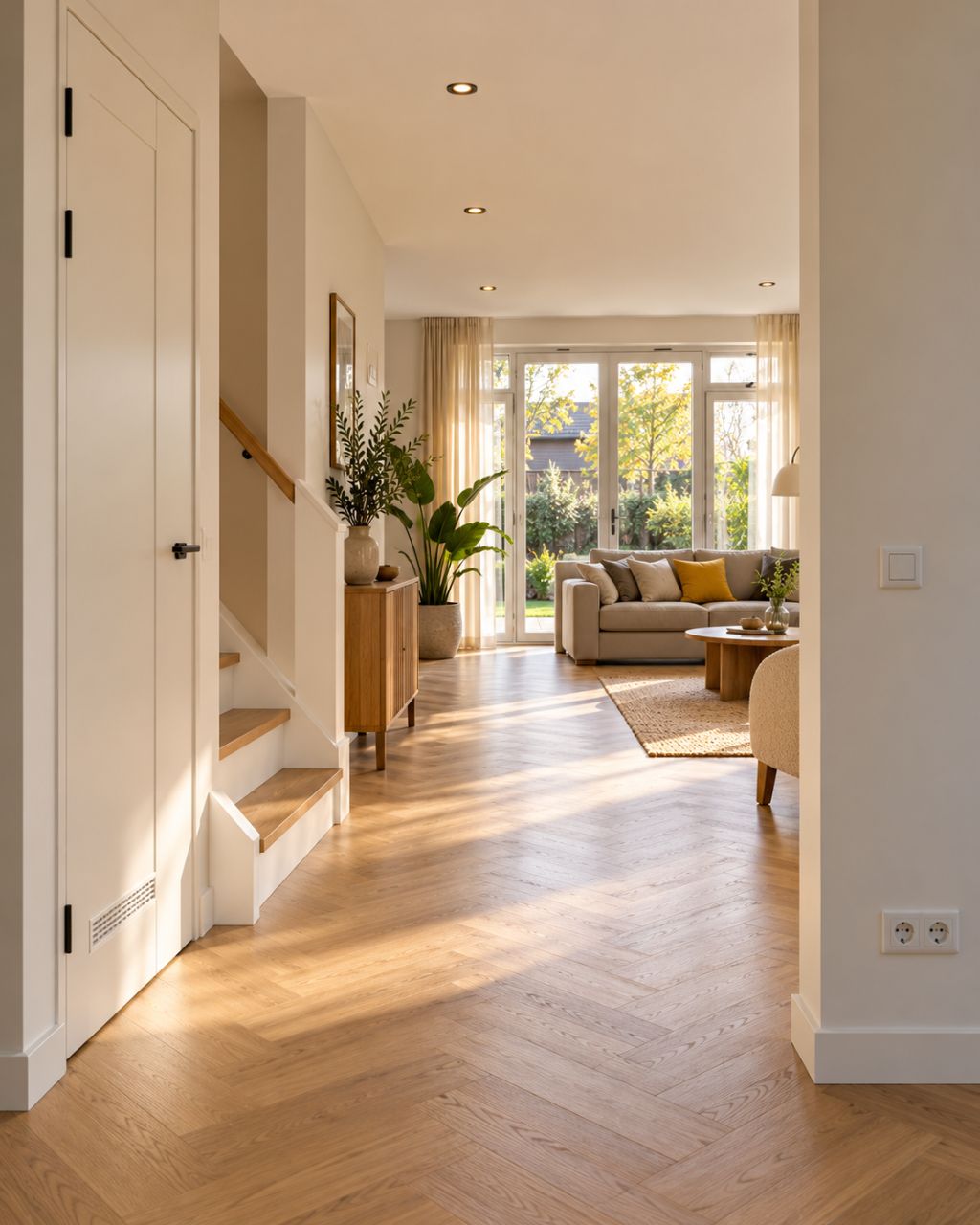 Hallway with stairs and living room with herringbone floor, recessed spotlights and socket