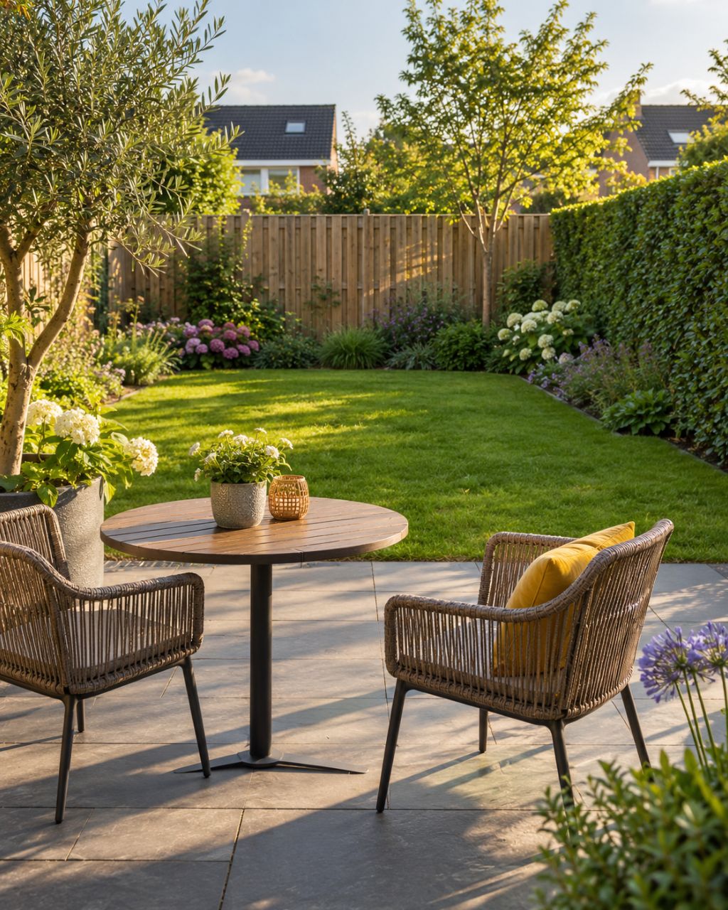 Garden with wooden fence, lawn, tiled terrace and trimmed hedge