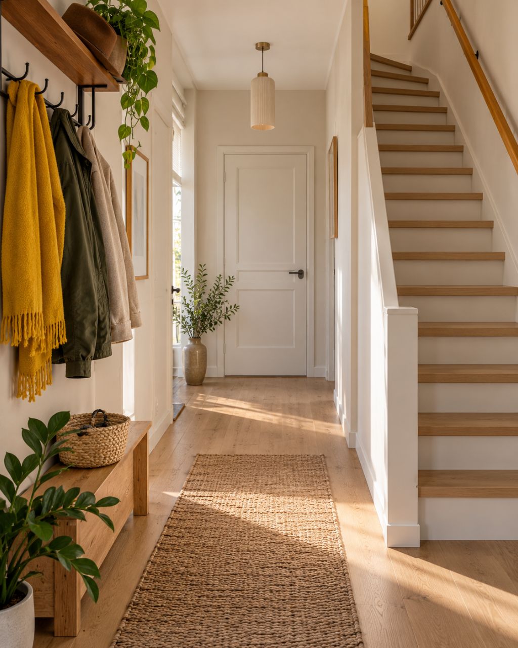 Bright hall with wooden stairs, banister, coat rack with coats and white interior door