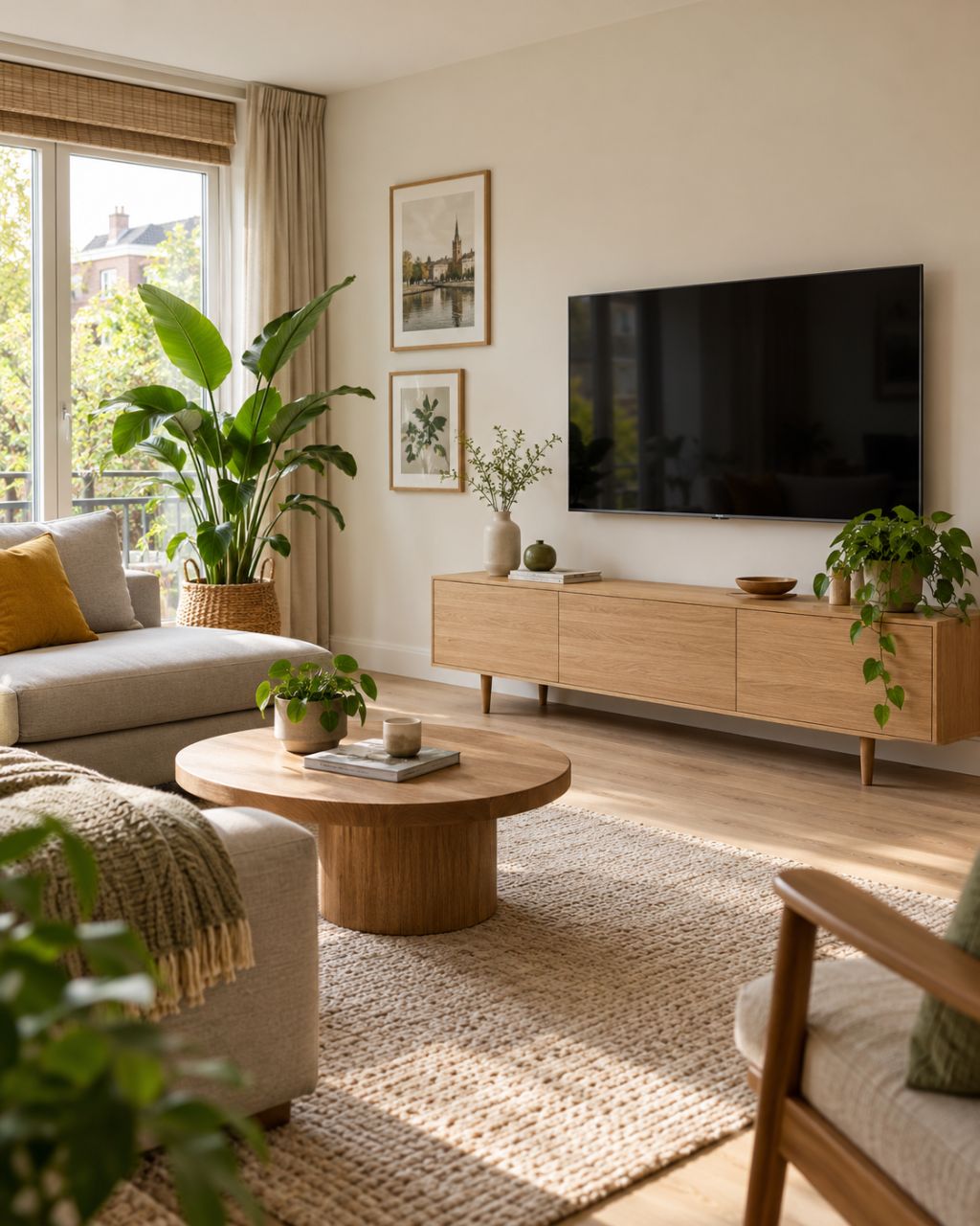 Living room with TV on the wall, framed paintings, laminate floor and light painted walls