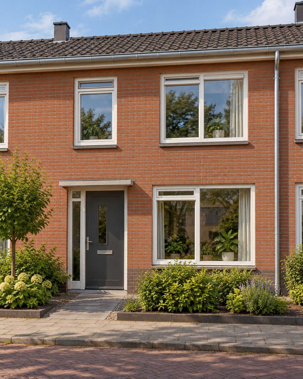Front of a house with brick facade, wooden window frames, front door, gutter and downpipe