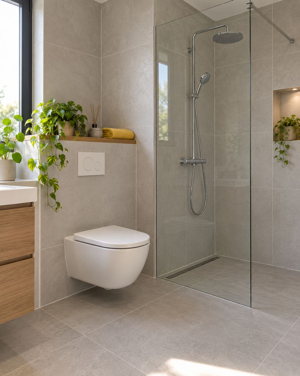 Bathroom with wall-hung toilet and walk-in shower with thermostatic tap and rain shower