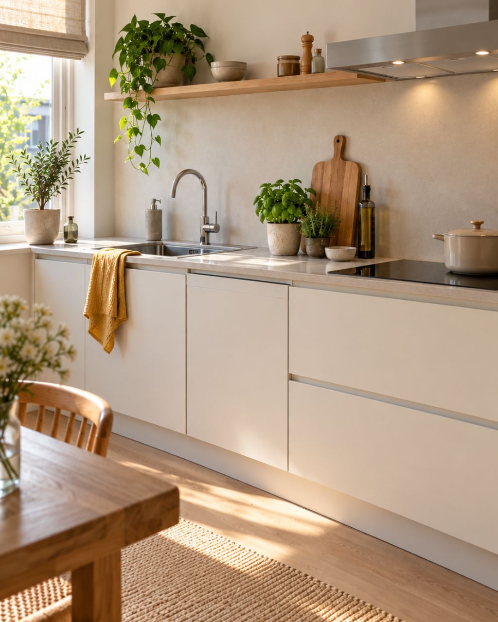 Kitchen with tap, dishwasher, hob and extractor hood