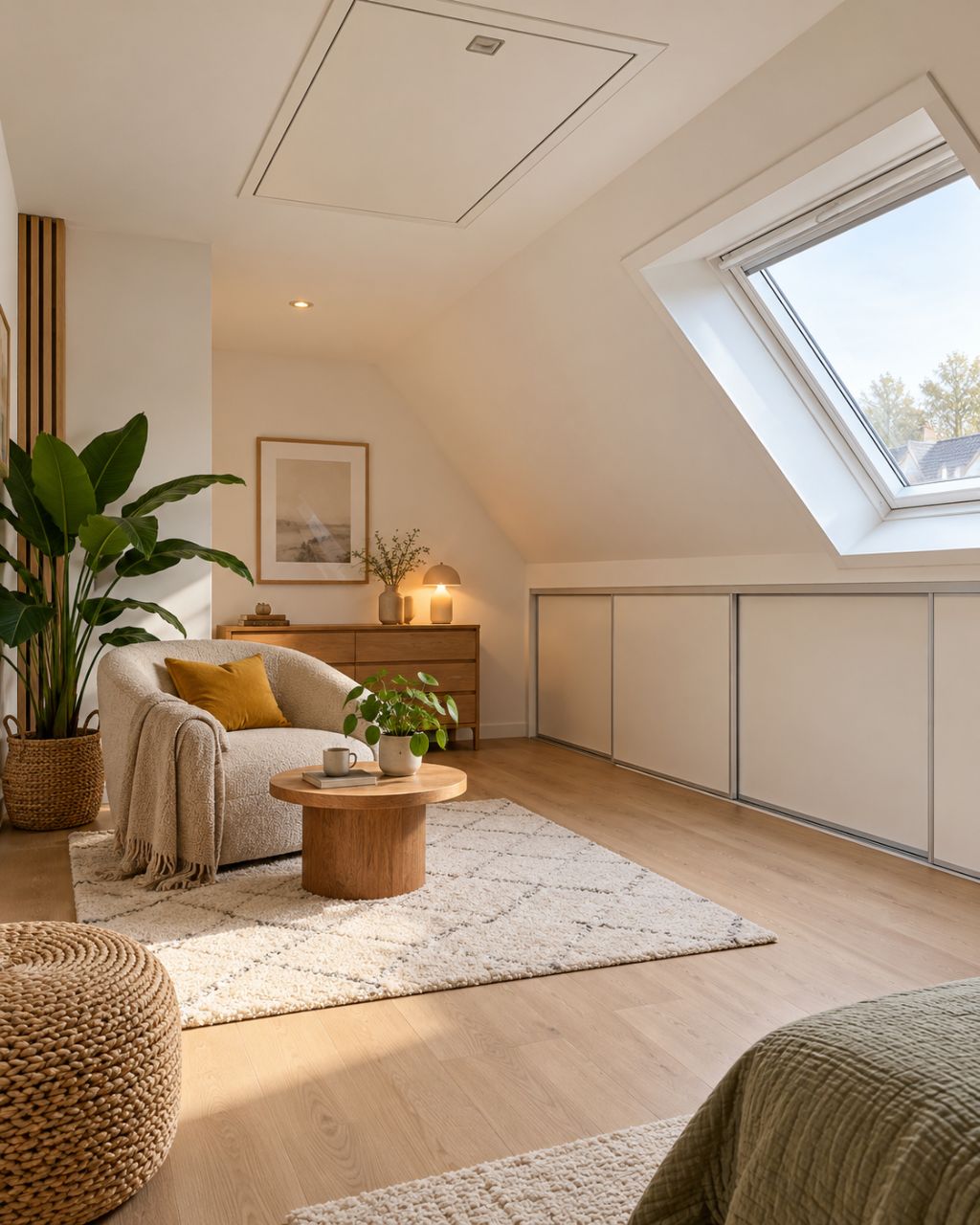 Bright attic with roof window, loft ladder in the ceiling, sloping wall and sliding doors in the knee wall