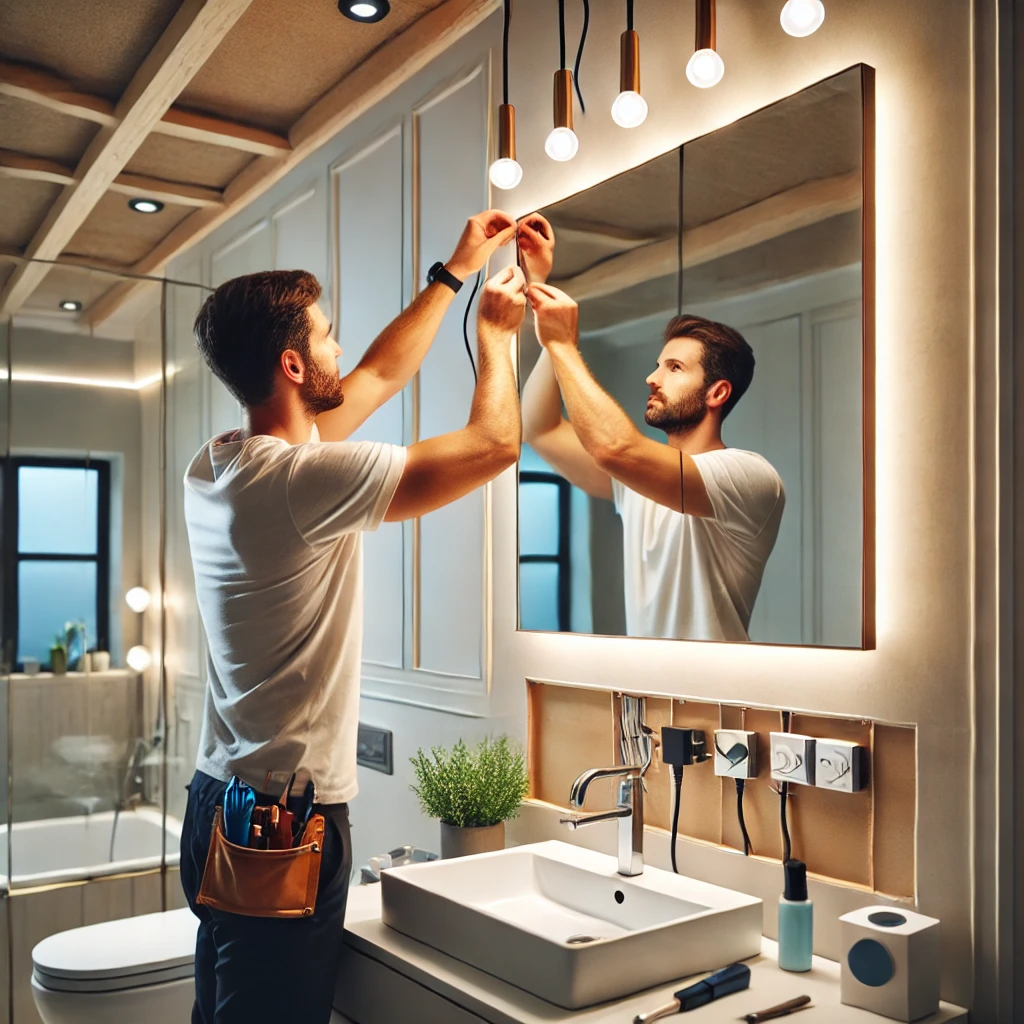 Install bathroom mirror with lighting