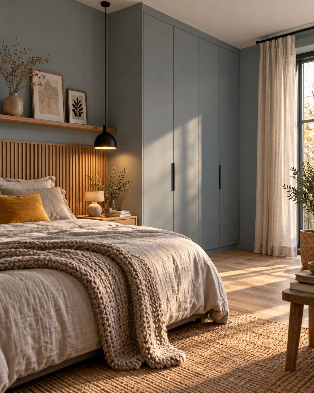 Bedroom with a made bed and built-in wardrobe