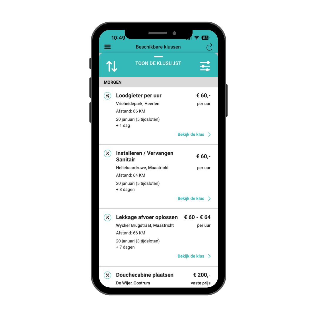 Beschikbare klussen in de Zoofy Pro app